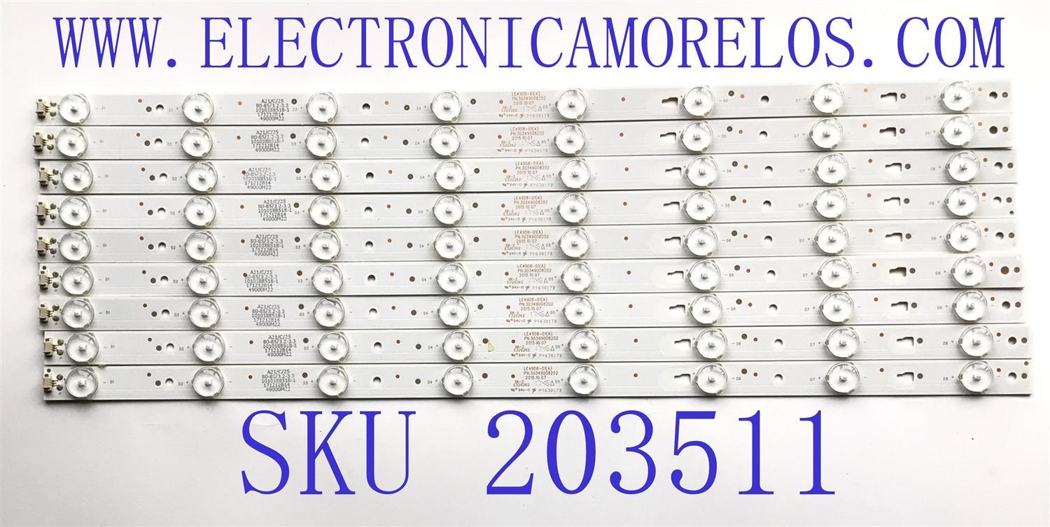 KIT DE LED'S PARA TV HITACHI ((INCOMPLETO SOLO 9 PIEZAS)) / NUMERO DE PARTE LE49D8-01 / 30349008202 / LE49D8-01(A) / 49000M22 / PANEL LSC490FN02-W / MODELO 49C61 / NOTA IMPORTANTE:KIT CONSTA DE 10 PIEZAS EN TOTAL